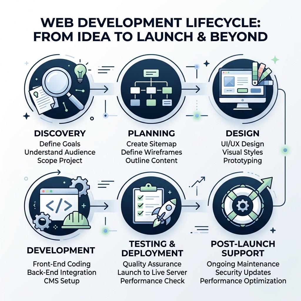 Web development lifecycle infographic showing stages from discovery to post-launch support - web development agency