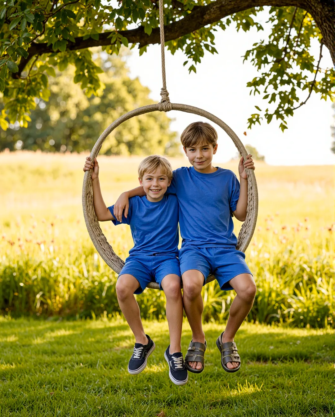 Two children in matching blue athleisure outfits sitting together on a round swing hanging from a tree in a sunny summer meadow