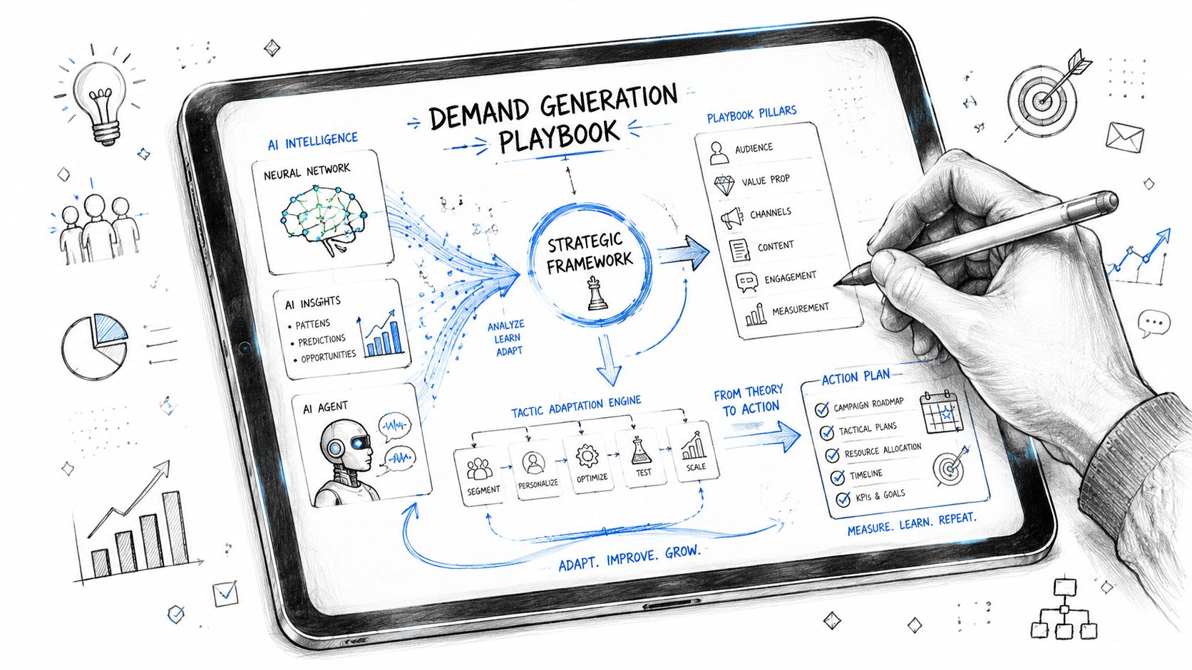 A digital illustration showing a hand using a stylus on a tablet displaying a demand generation playbook.