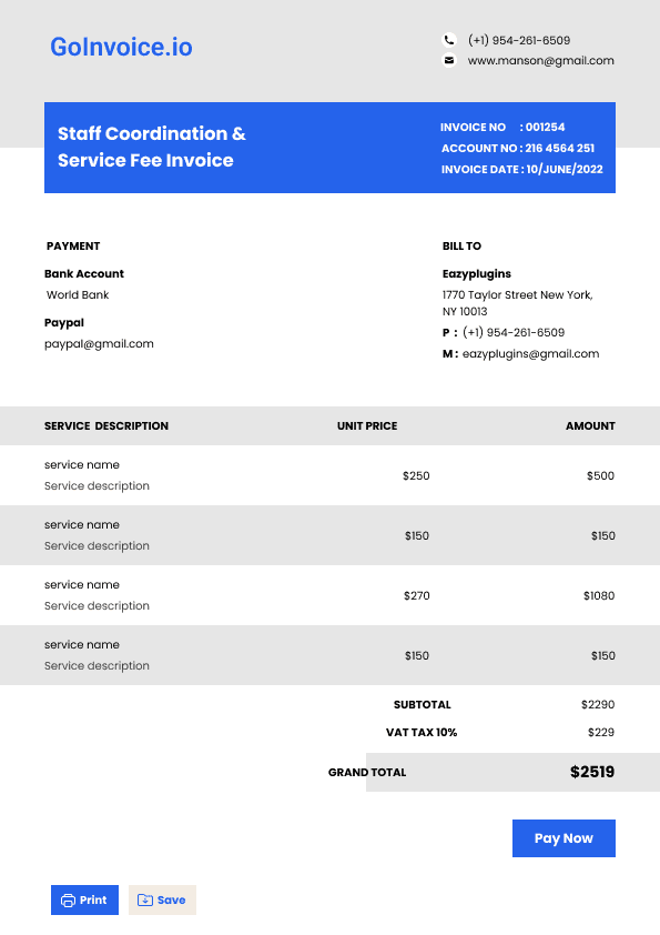 Staff Coordination & Service Fee Invoice