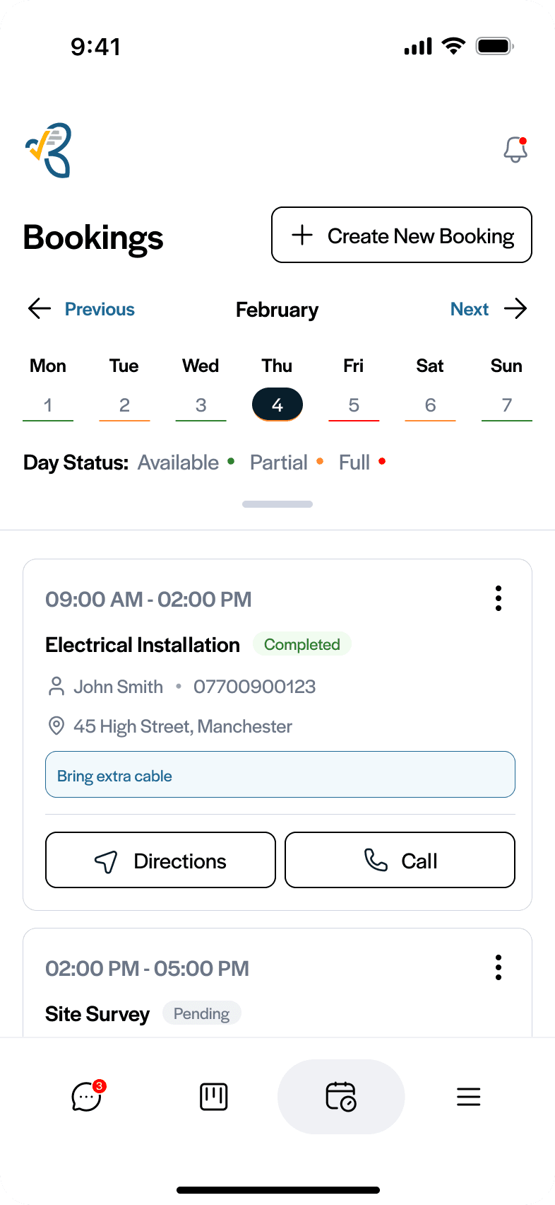 FieldHive bookings for the day
