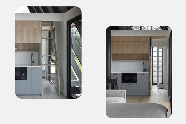 Two interior views of a modern tiny home featuring gray lower cabinets, light wood upper cabinetry, and a wooden ladder leading to a loft.