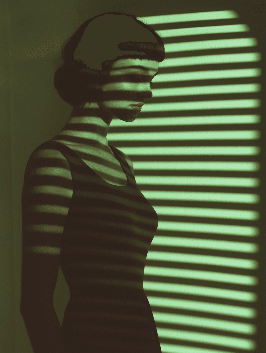 Solitary figure in green mist looking at a wall