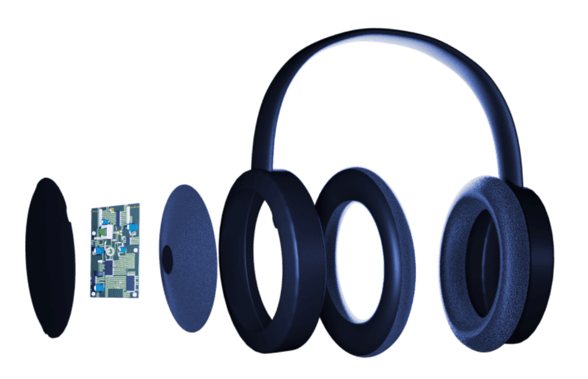 exploded view of headphones with Ohmic chip sandwiched between the ear cup and headband