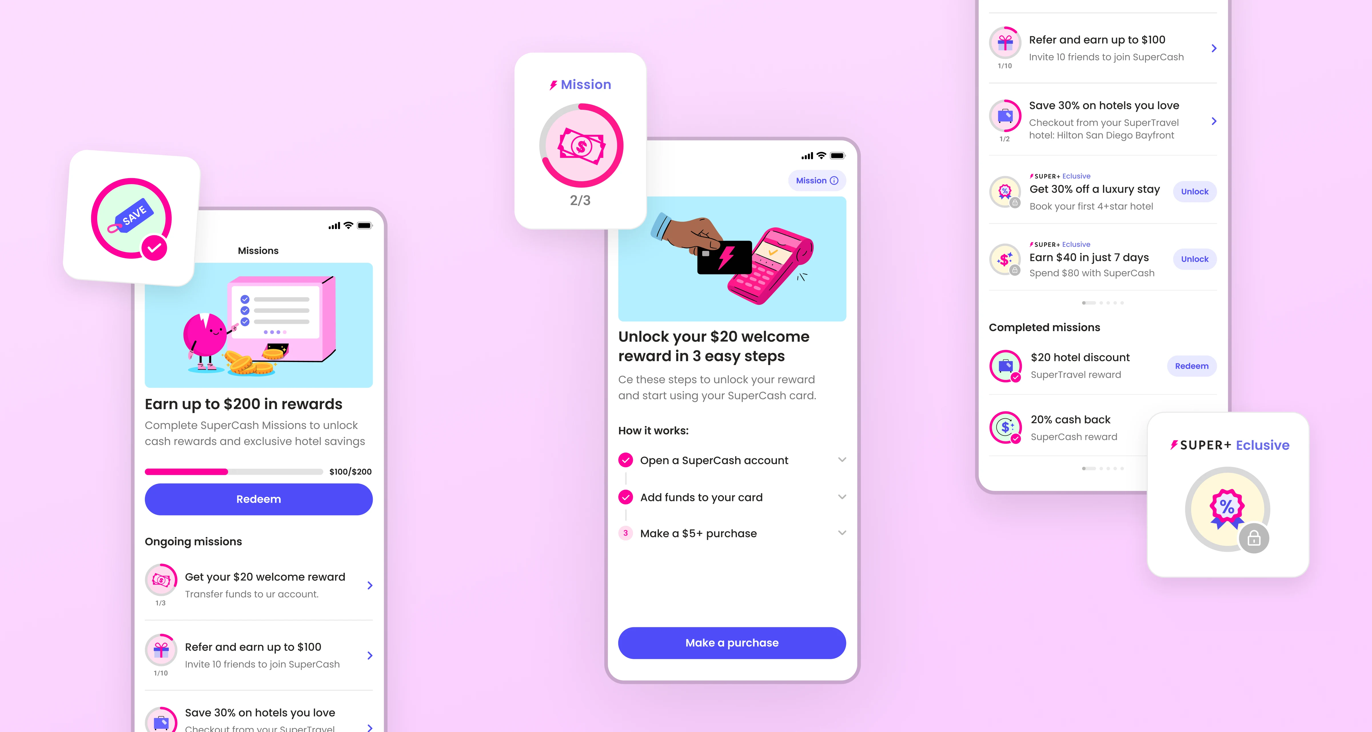 Product design mockup of Super.com’s new Missions system showing task-based rewards, progress tracking, and referral milestones, highlighting Yanick’s redesign that made rewards clear and motivating