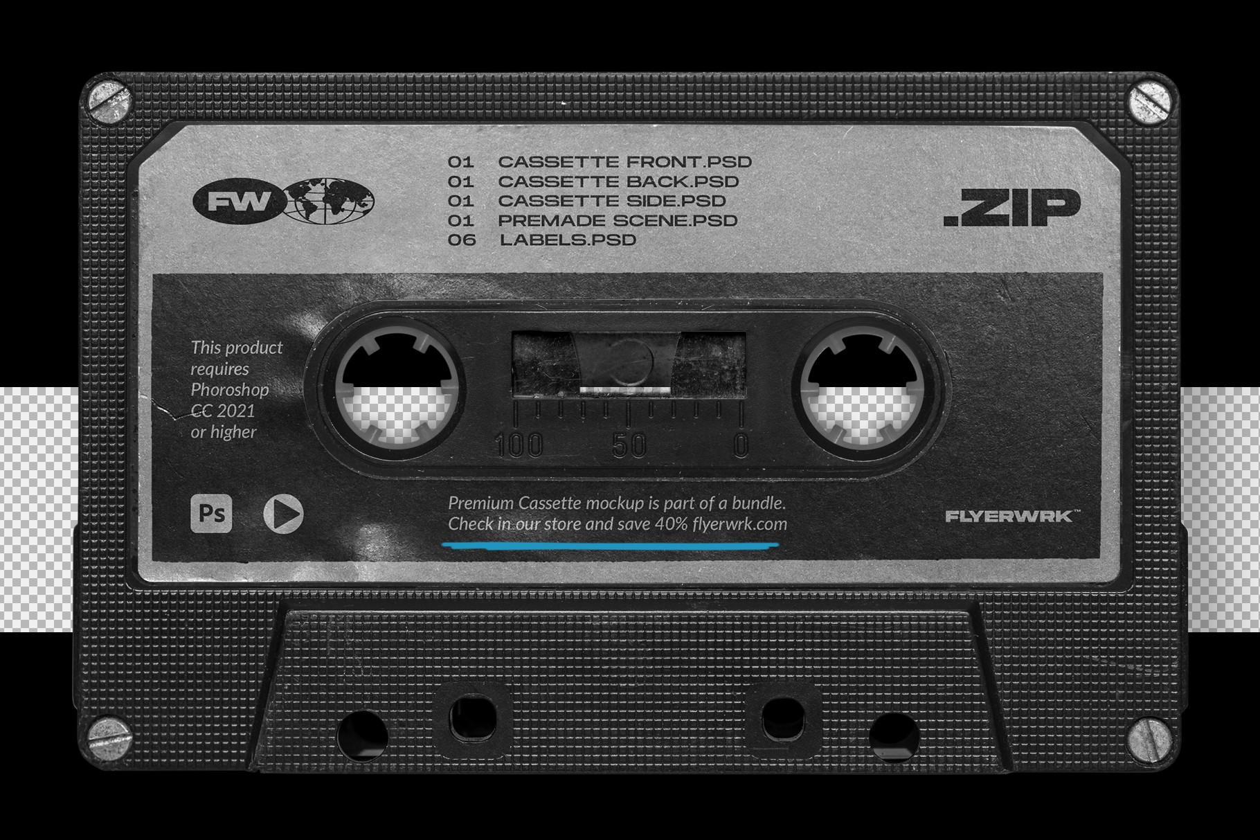 Close-up of a black textured cassette tape shell from the Cassette Case Mockup 03 bundle.