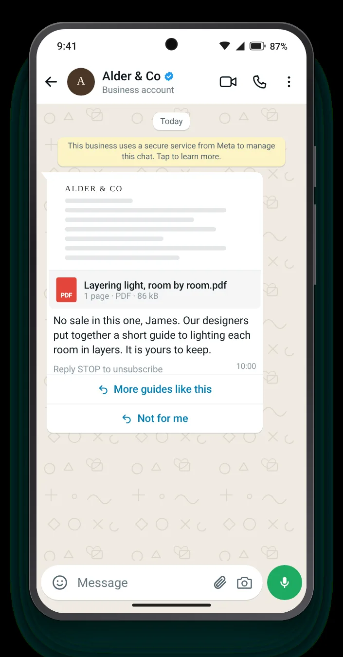 Something worth keeping, with no sale: WhatsApp re-engagement message on an Android phone