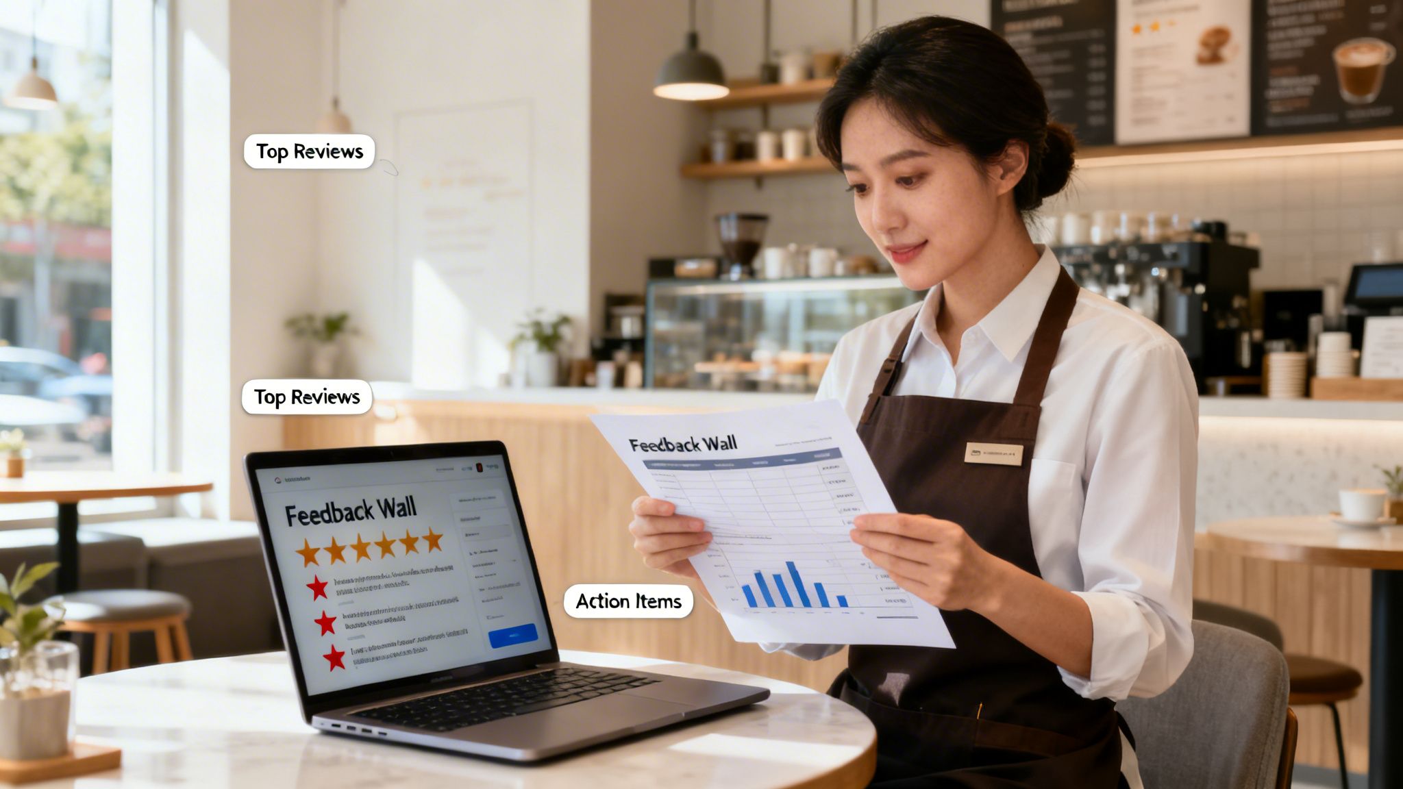 Barista analyzing customer feedback and action items on a laptop and document in a cafe.