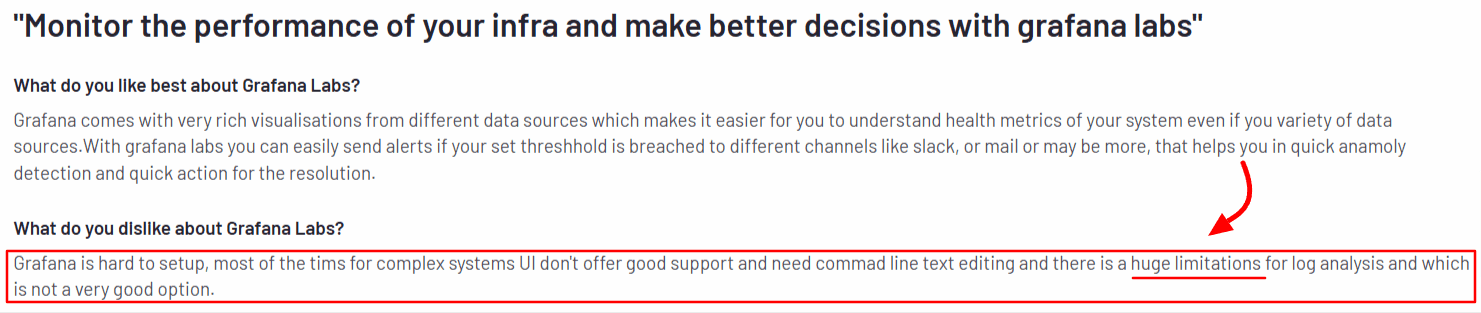 Grafana Labs review mentioning difficult setup and limitations in log analysis