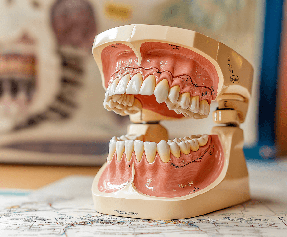 Image of a tooth model with dental terminology on the model and on papers surrounding the model