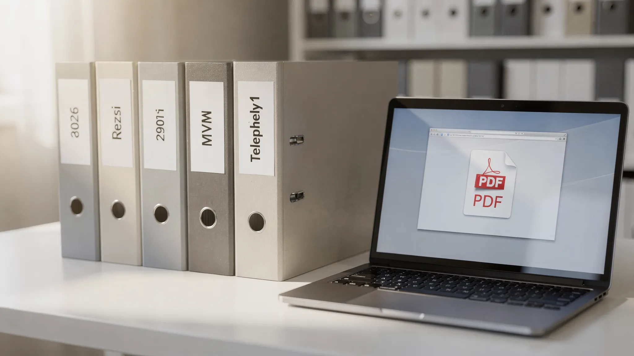 Egy rendezett irattári jelenet: feliratokkal ellátott mappák „2026”, „Rezsi”, „MVM”, „Telephely 1”, és egy laptop mellett egy letöltött PDF fájl ikonja.