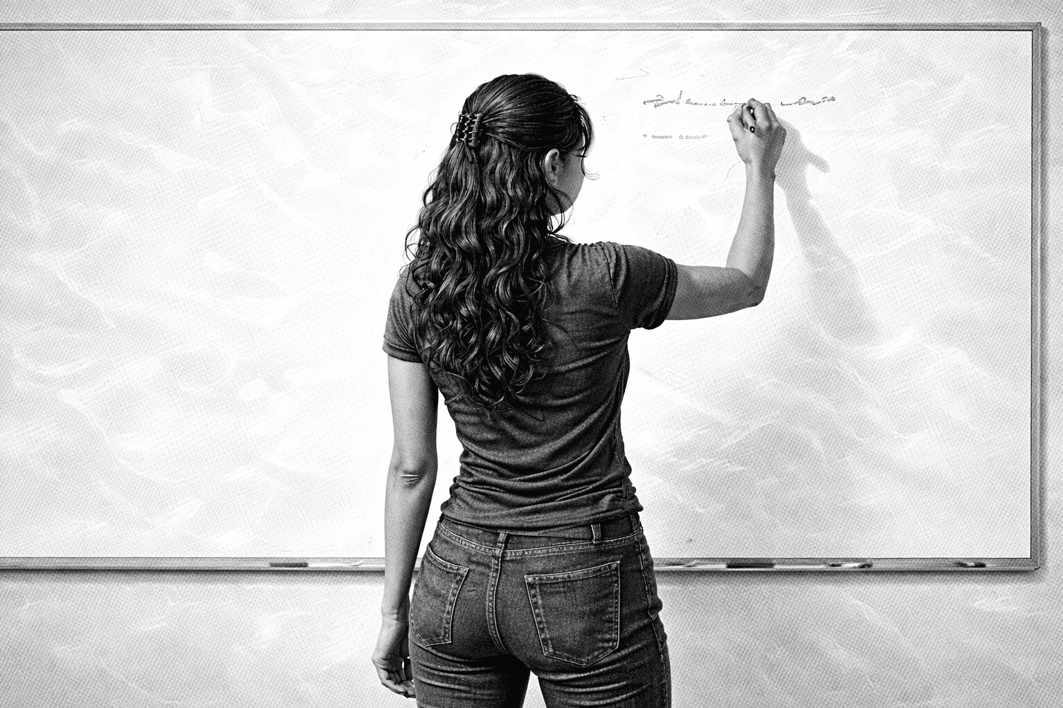 a woman writing on a whiteboard. black and white image.