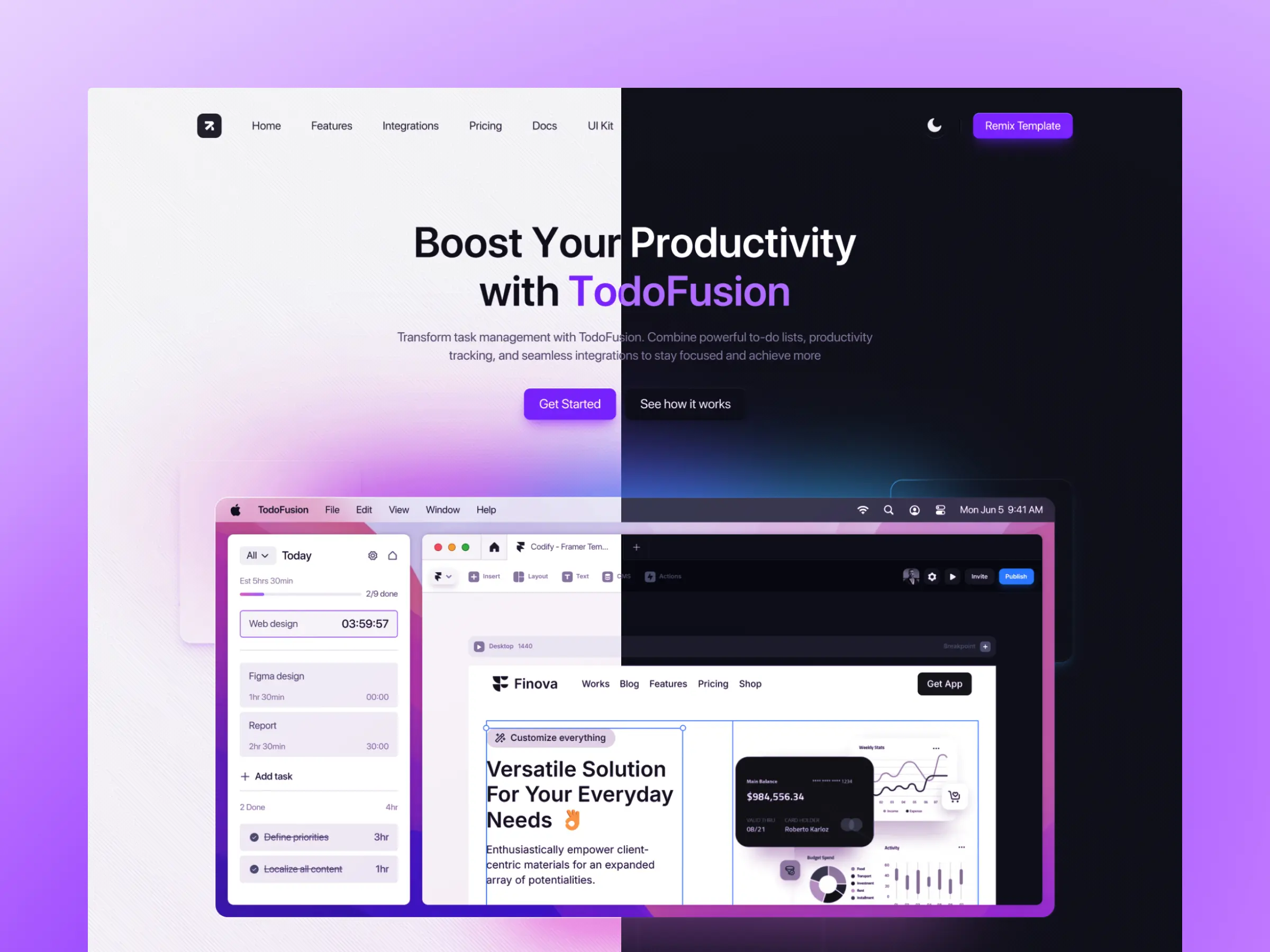 TodoFusion Framer template homepage showcasing task management UI with light and dark mode productivity features