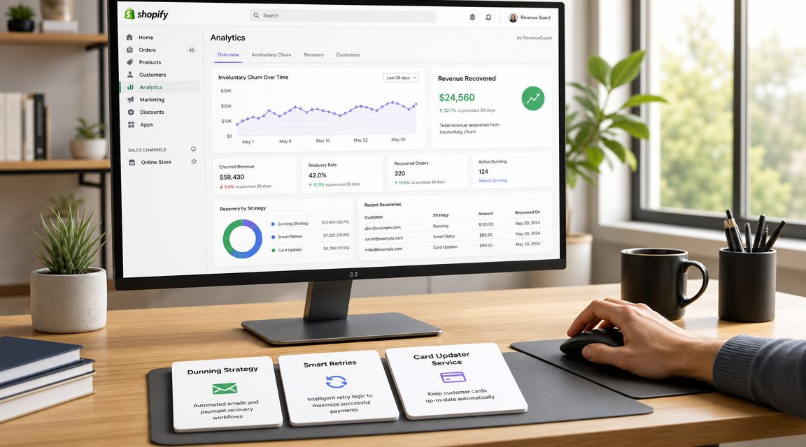 A computer screen showing a Shopify analytics dashboard for managing subscription churn and revenue recovery strategies.