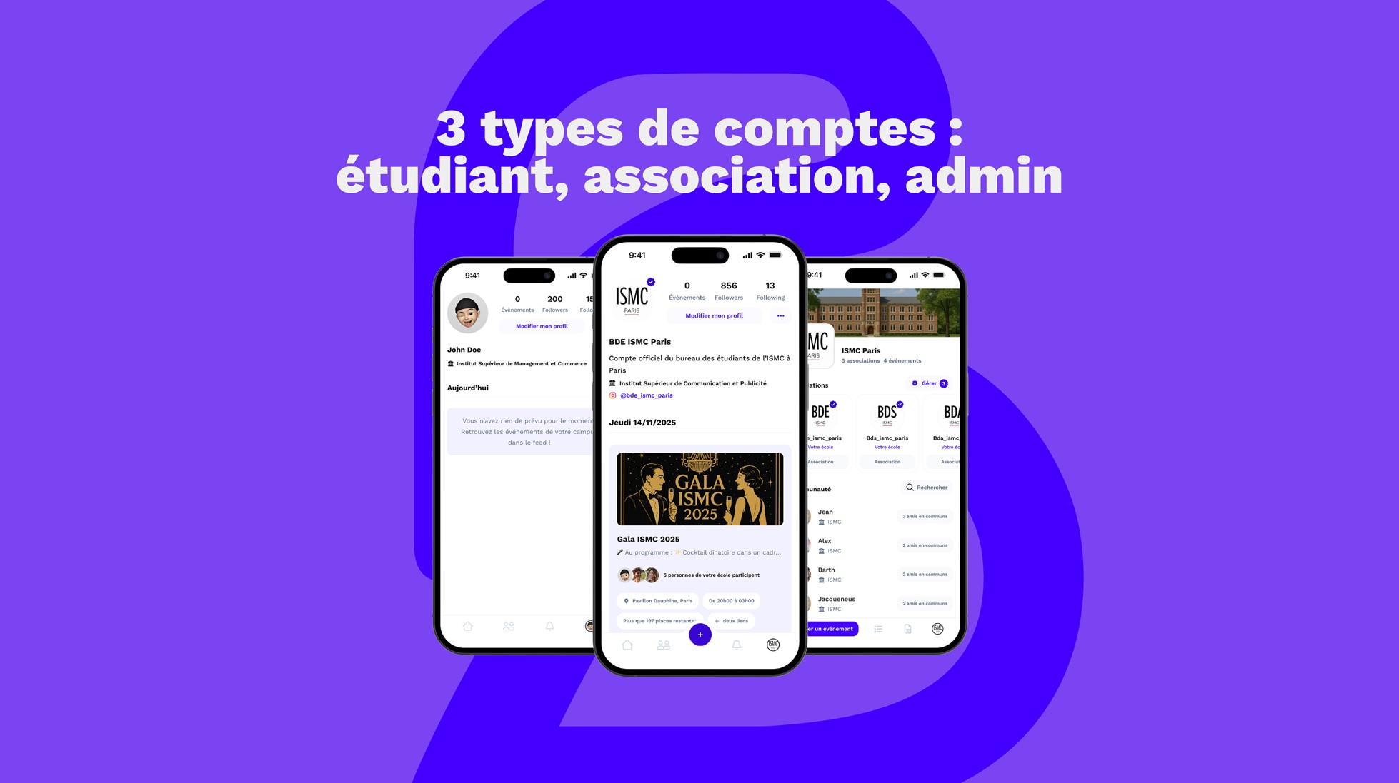 3 types de comptes : étudiant, association, admin.