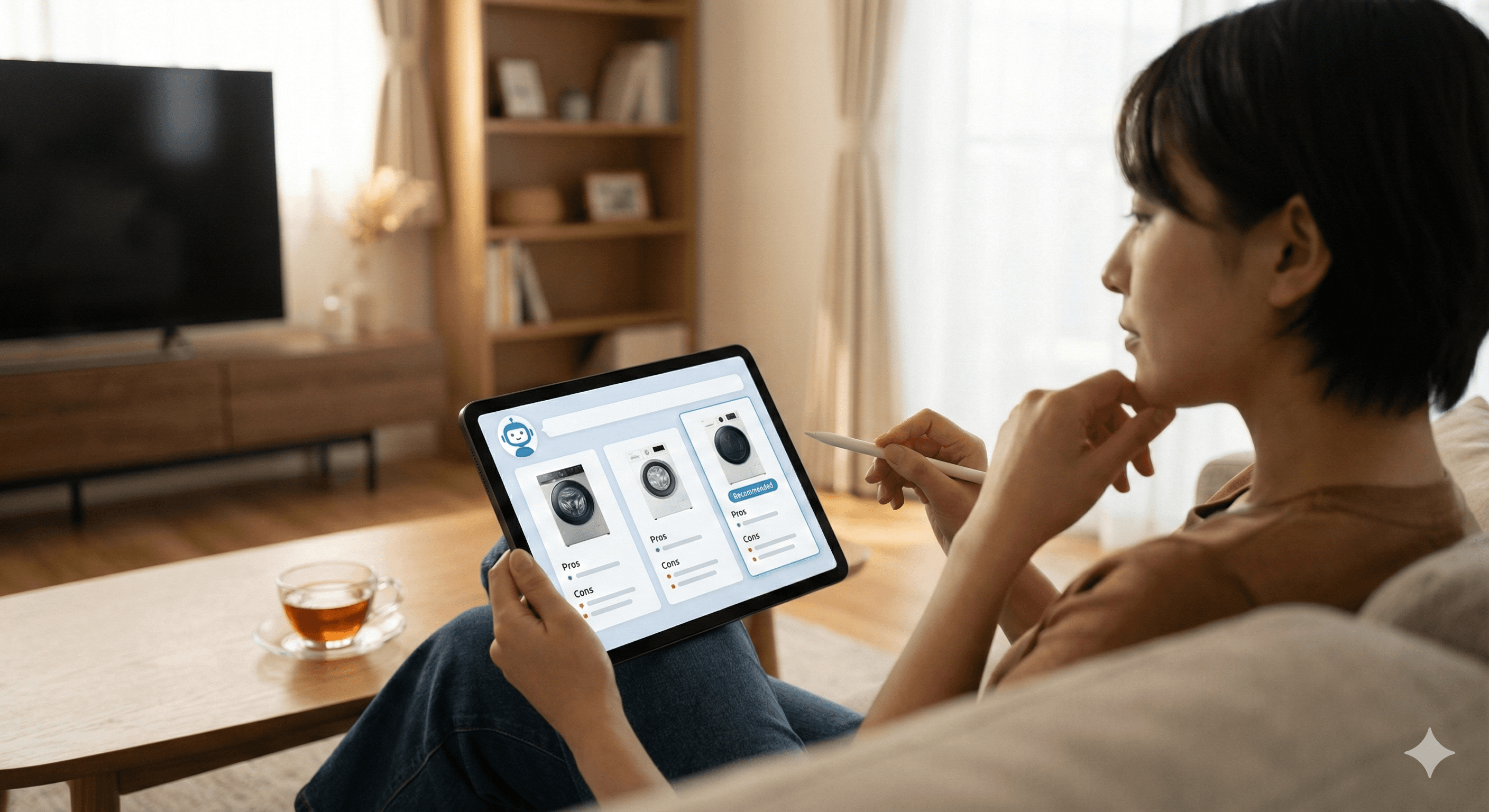 A person relaxes on a sofa holding a tablet, which displays an AI shopping assistant app comparing the top three washing machines, listing their pros and cons, in a cozy living room setting.