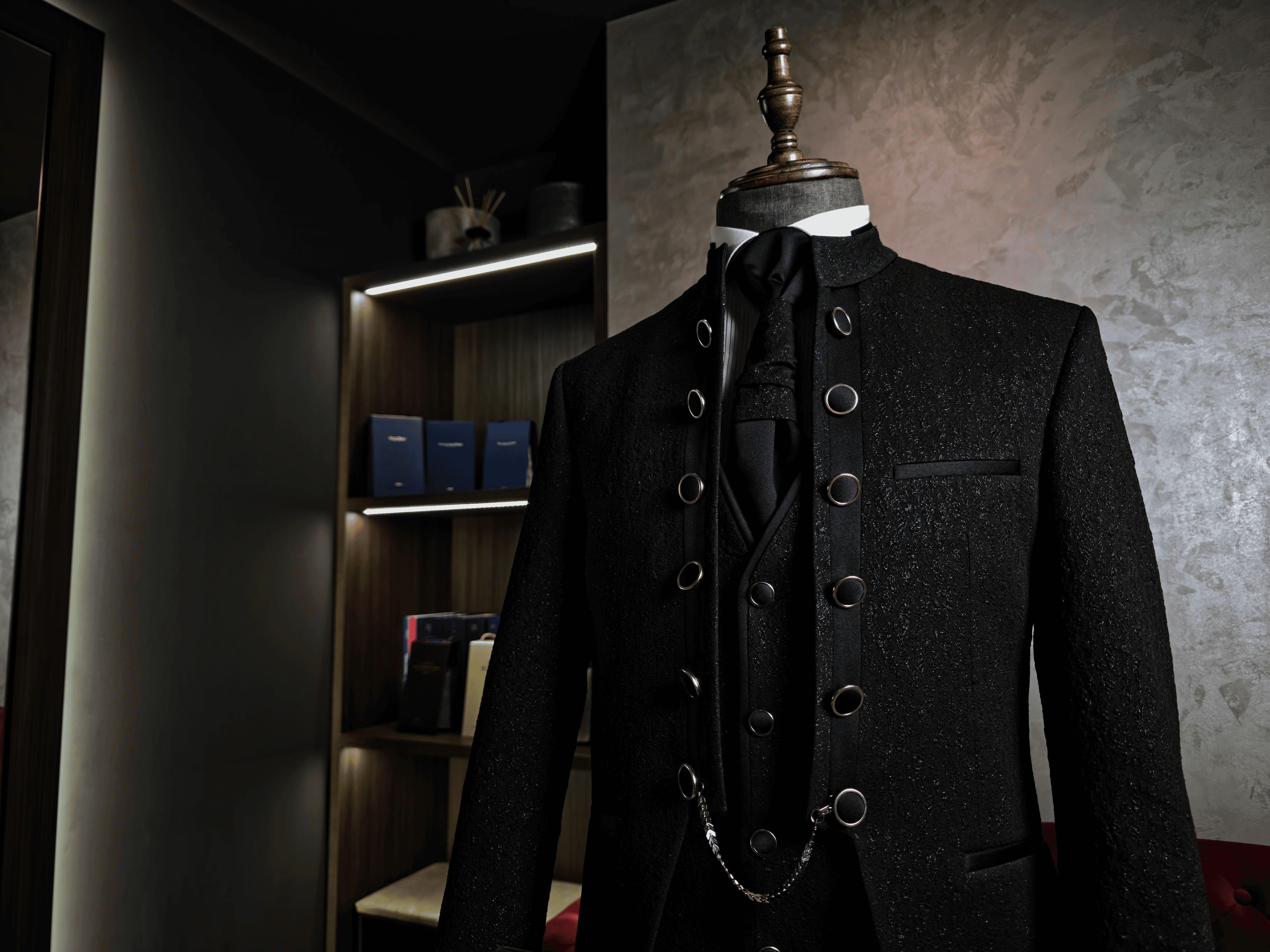 Mandarin collar suit in Mr. Lincoln showroom