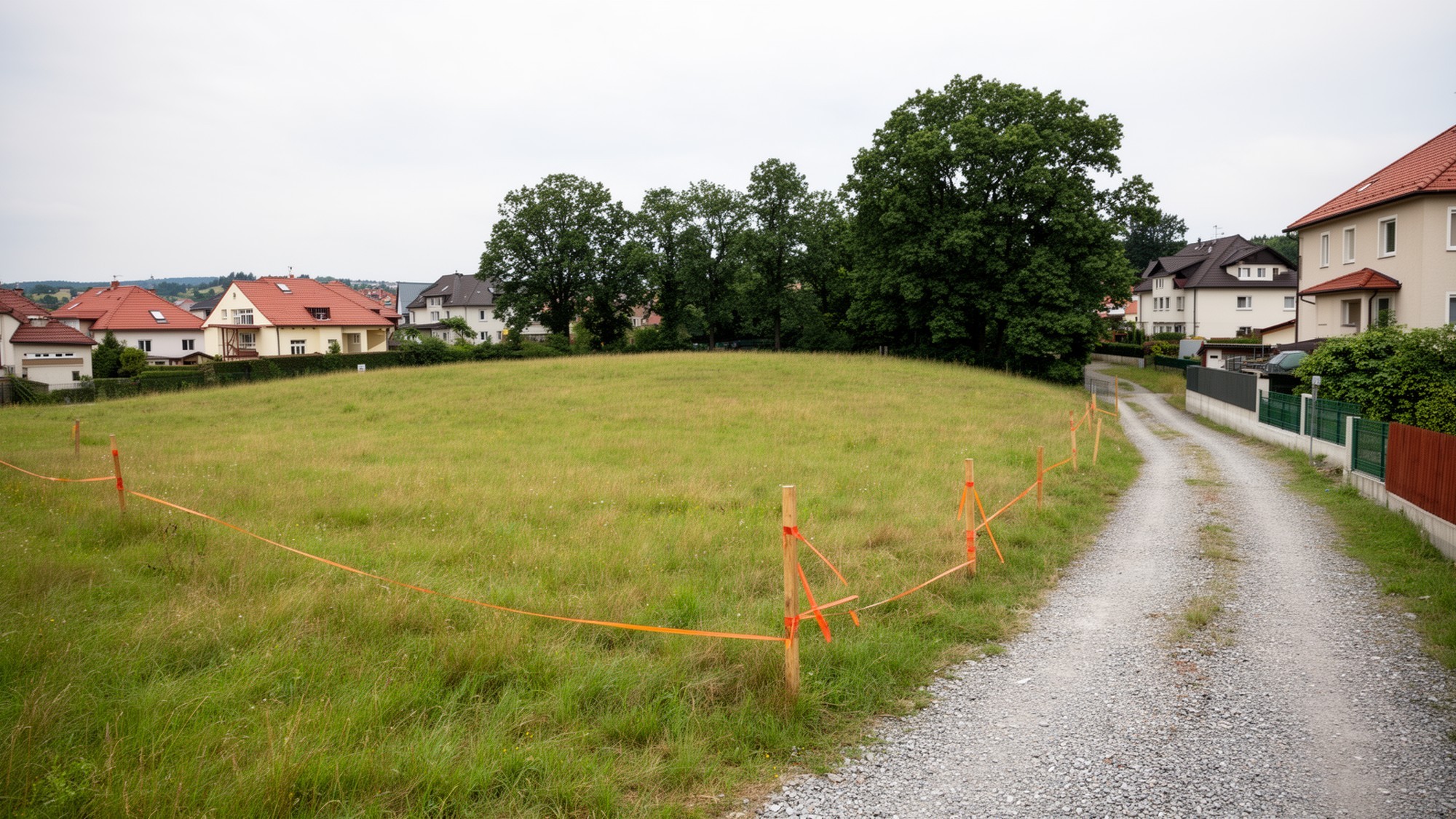 Travnatý pozemek před stavbou vytyčený dřevěnými kolíky s oranžovou páskou, se štěrkovou příjezdovou cestou a sousedními domy v pozadí
