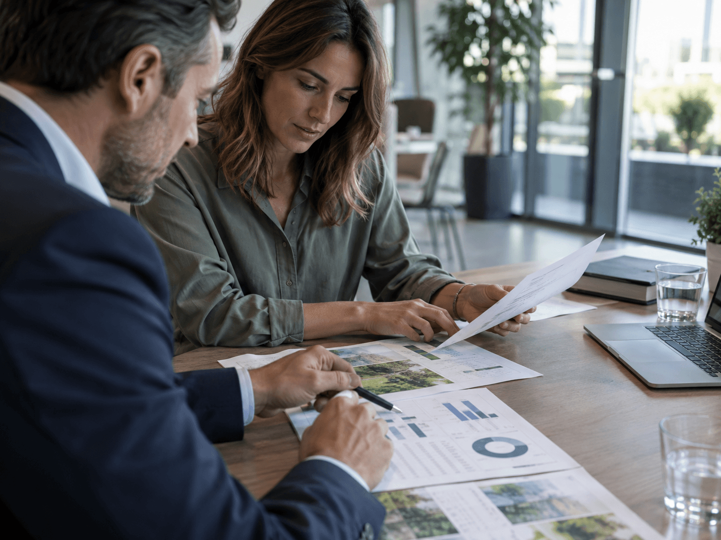 Dos profesionales comparando informes corporativos sobre una mesa, con arquitectura de oficinas europea al fondo.