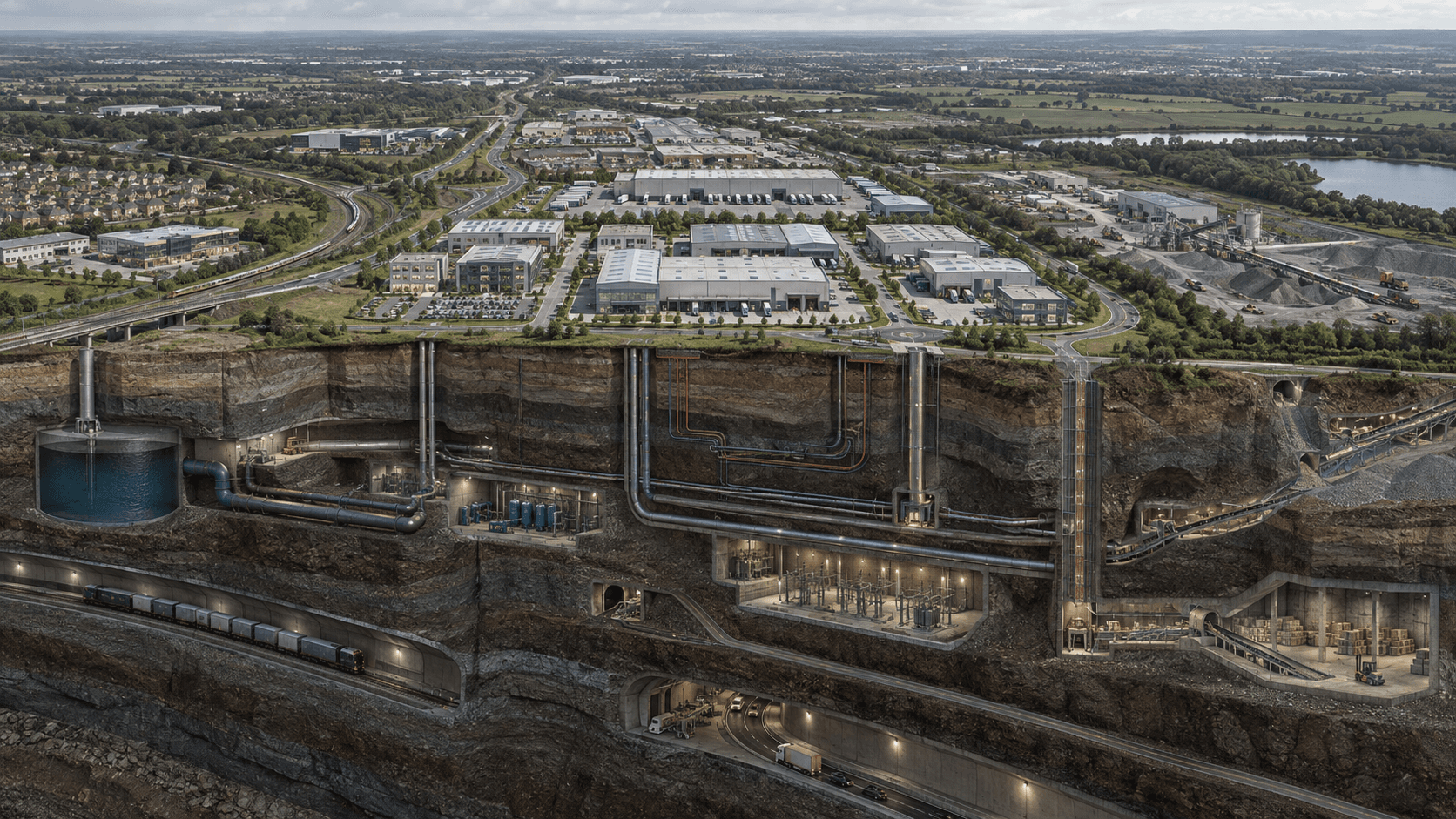 An industrial district is shown with the underground systems and resources that sustain it.
