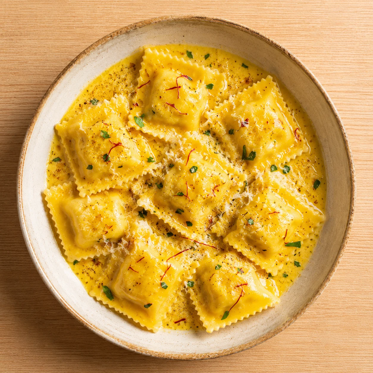 Saffron Ravioli: Saffron pasta, mascarpone, brown butter, sage.