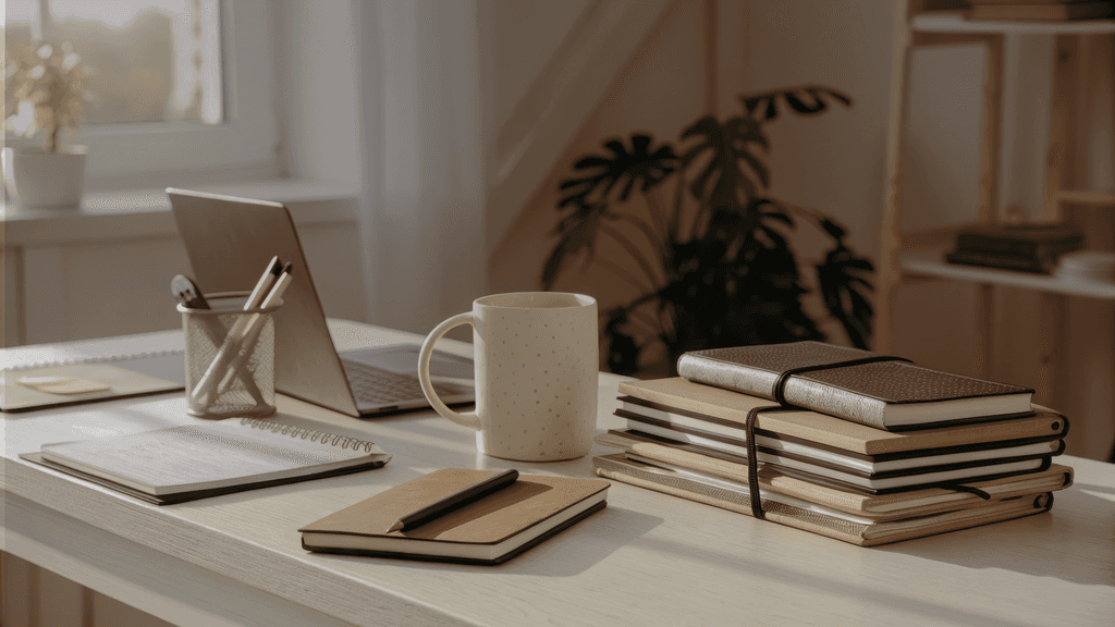 Consultant desk with laptop, coffee and notebooks.