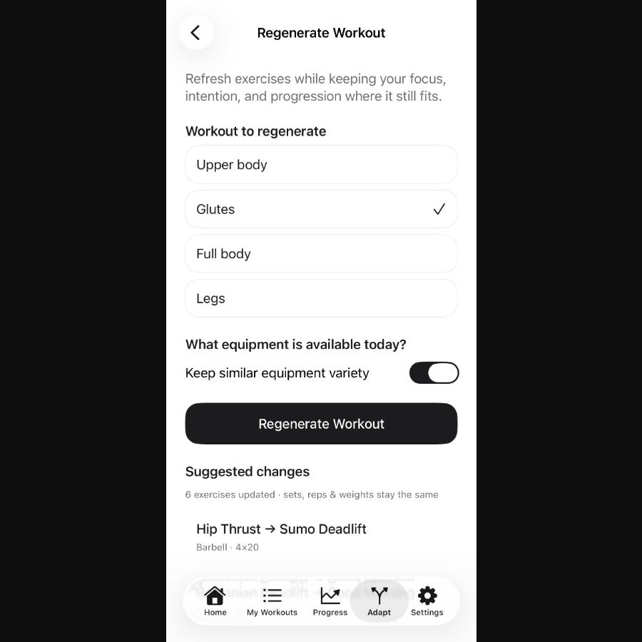 trenira regenerate workout screen