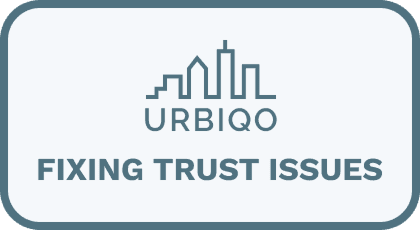 Urbiqo case study cover: panoramic view of Madrid with a white urban skyline logo and the tagline 'A new way of urban rentals.' Below, the title reads 'Designing for Dignity: Rethinking room rentals in Madrid.