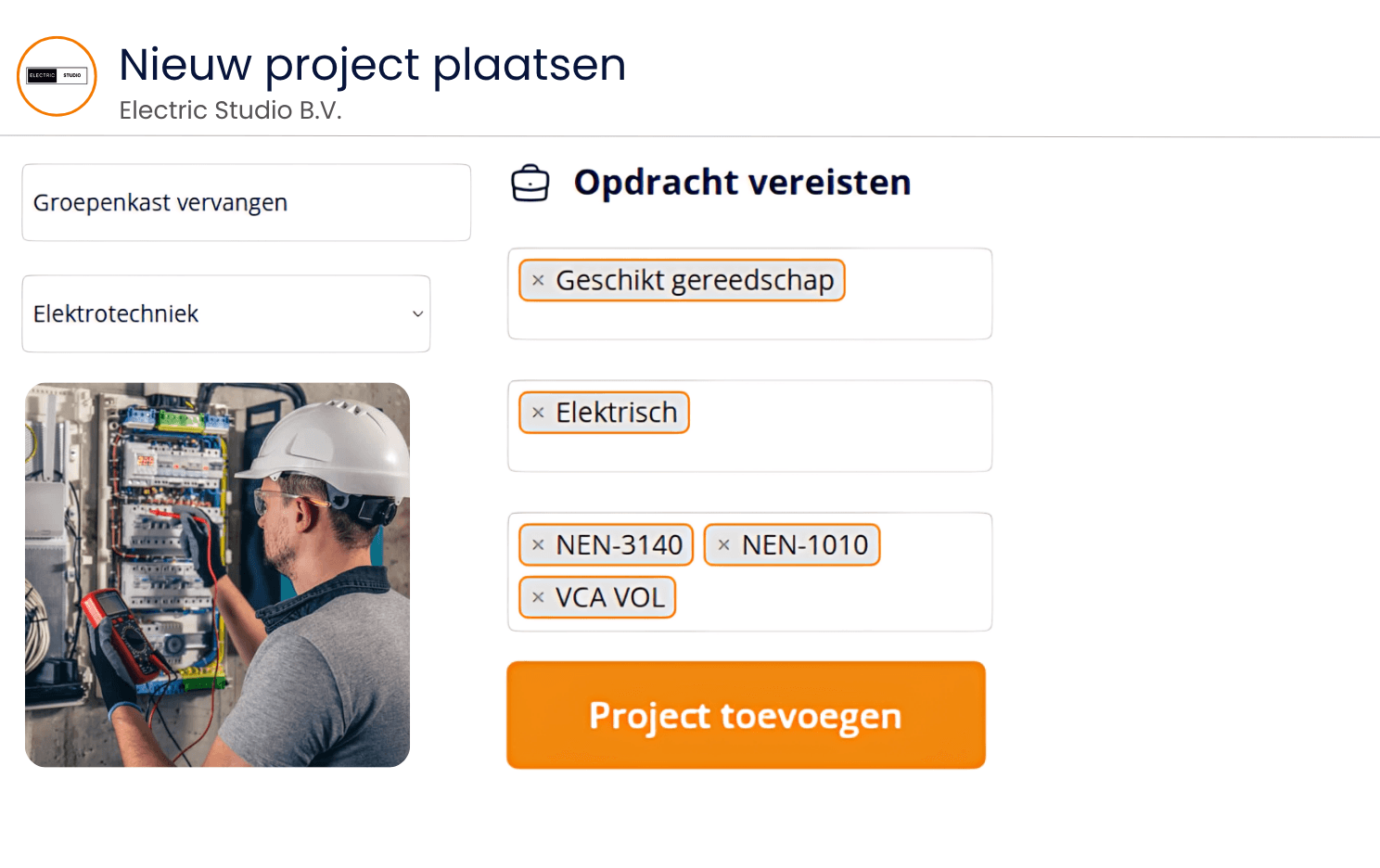 Screenshot van een projectbeschrijving op Tech Matchers, waarin een ervaren vakman wordt gezocht voor rioolreparatie binnen de rioleringstechniek.