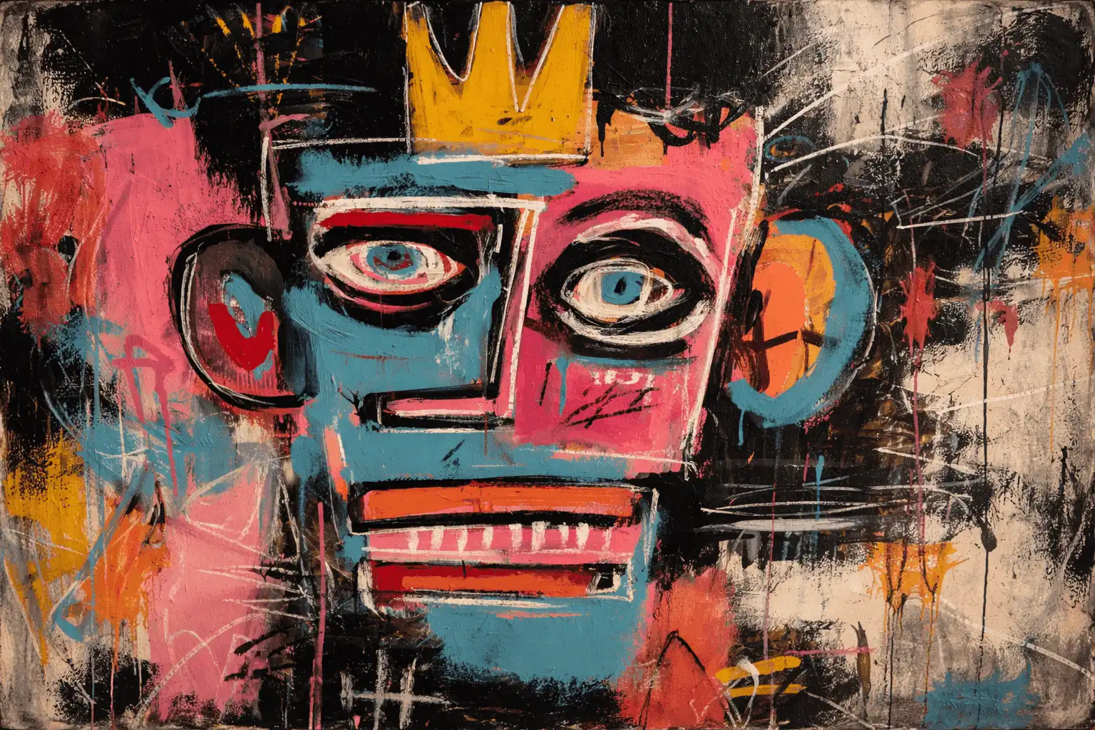 Abstract graffiti-style portrait artwork featuring expressive facial details and vibrant paint textures.