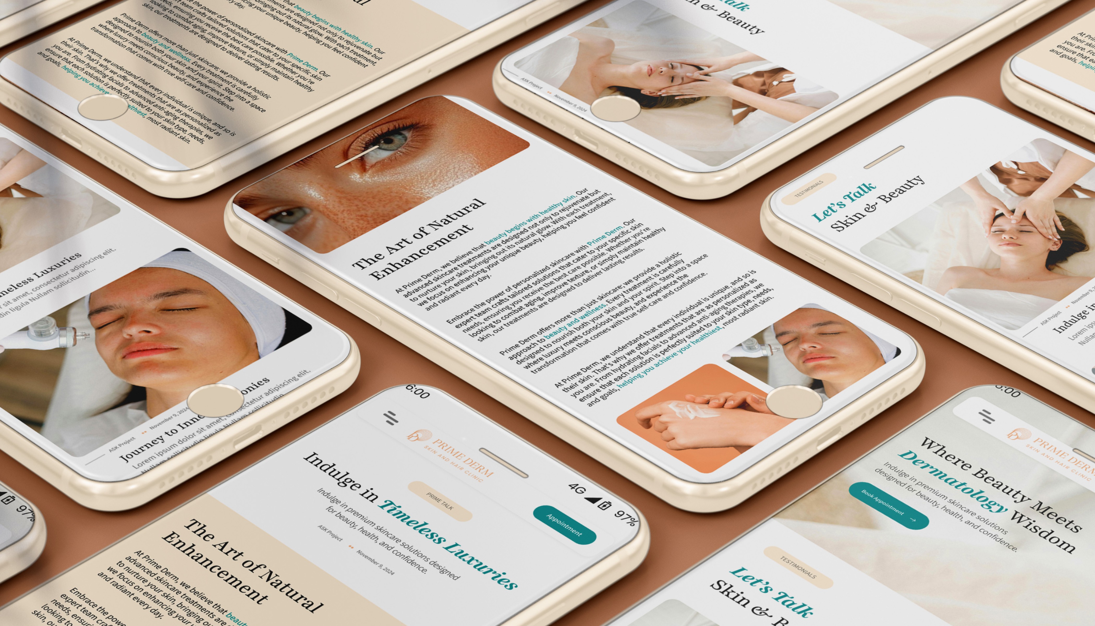 Collage of smartphones displaying a dermatology clinic website with various sections including 'The Art of Natural Enhancement,' 'Let's Talk Skin & Beauty,' 'Indulge in Timeless Luxuries,' and 'Where Beauty Meets Dermatology Wisdom,' featuring images of skincare treatments and consultations."