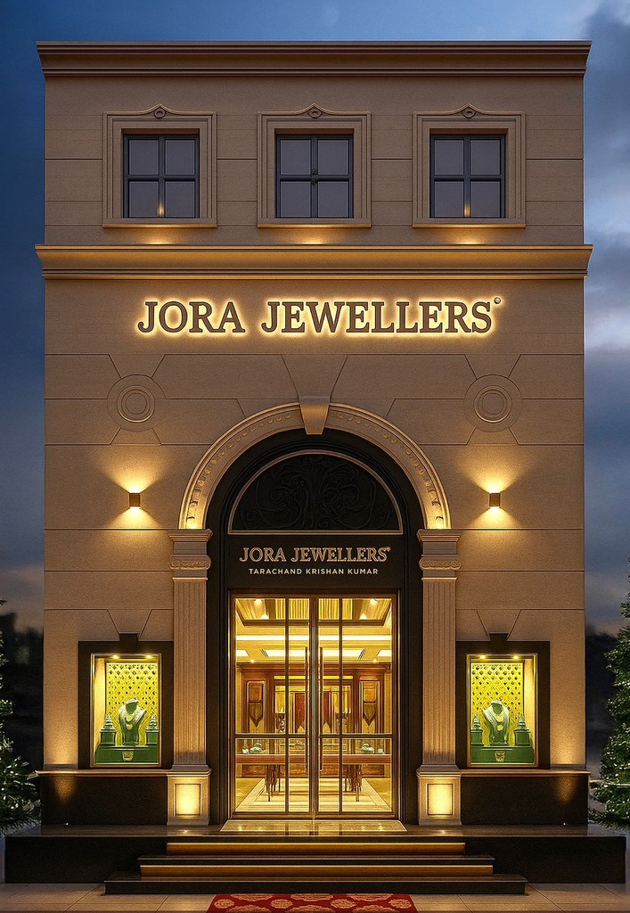 JORA Jewellers showroom exterior with illuminated signage and jewelry displays
