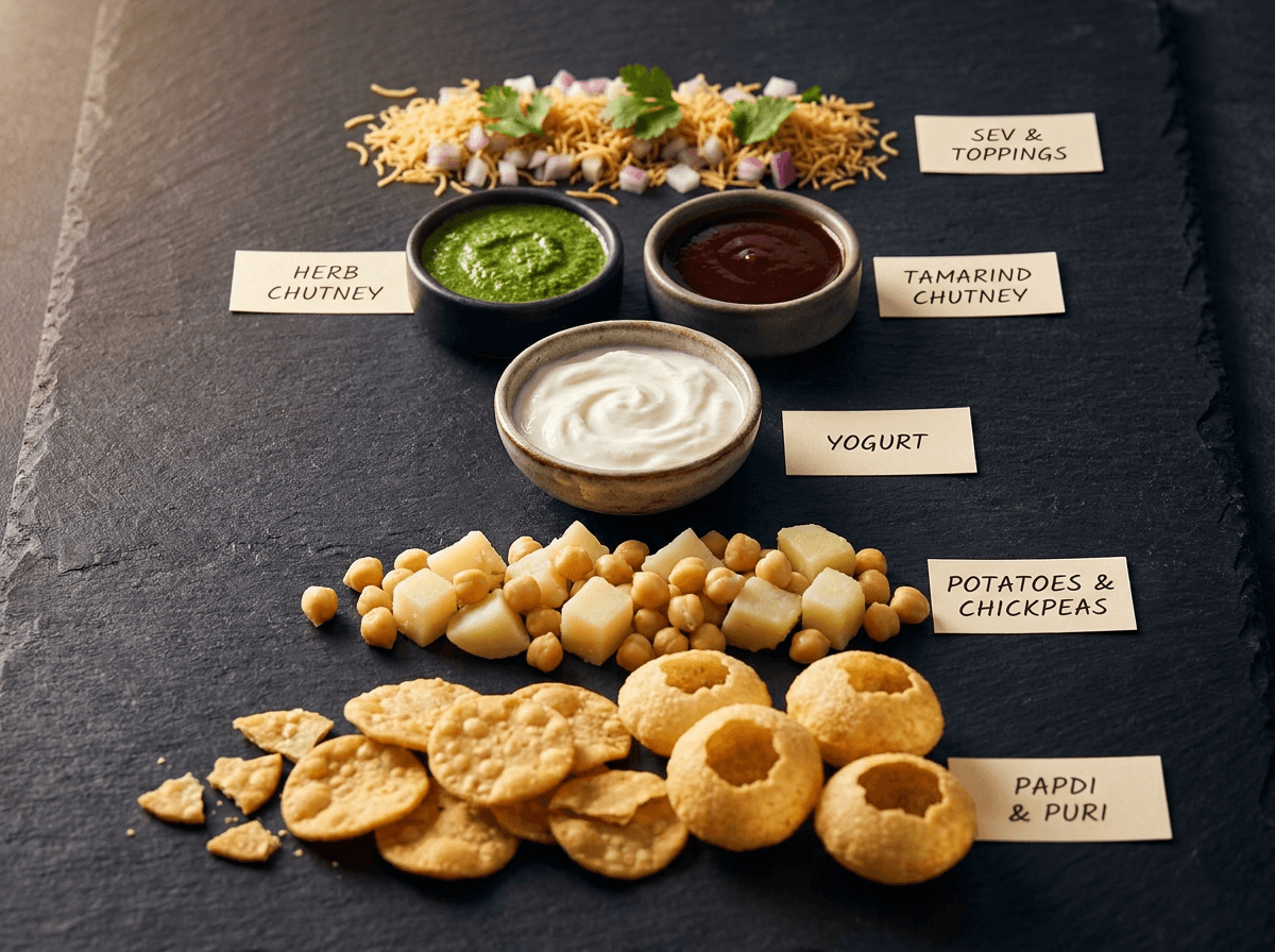Exploded infographic of five chaat layers from crispy base to sev topping