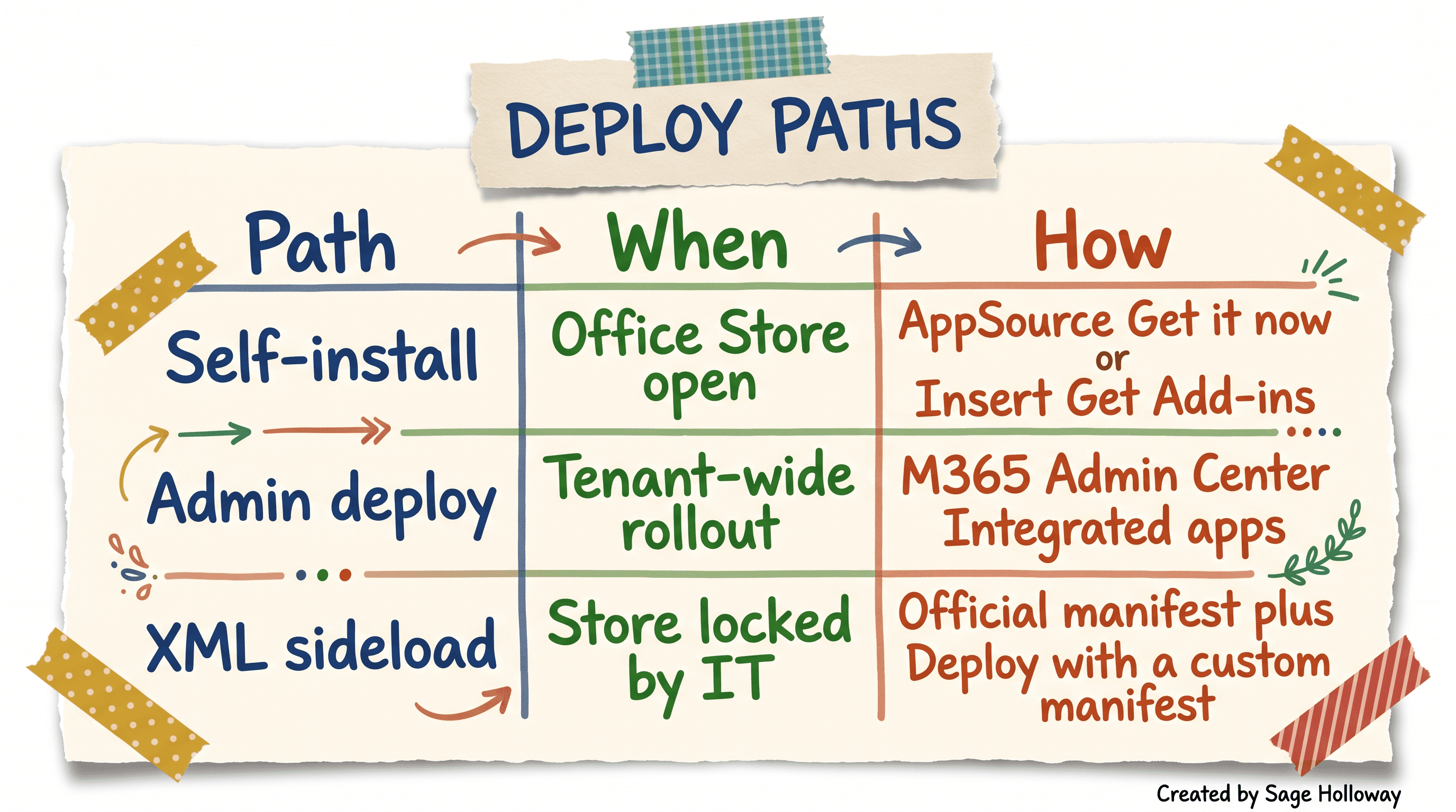 Table comparing self-install admin deploy and XML sideload for Claude for Excel