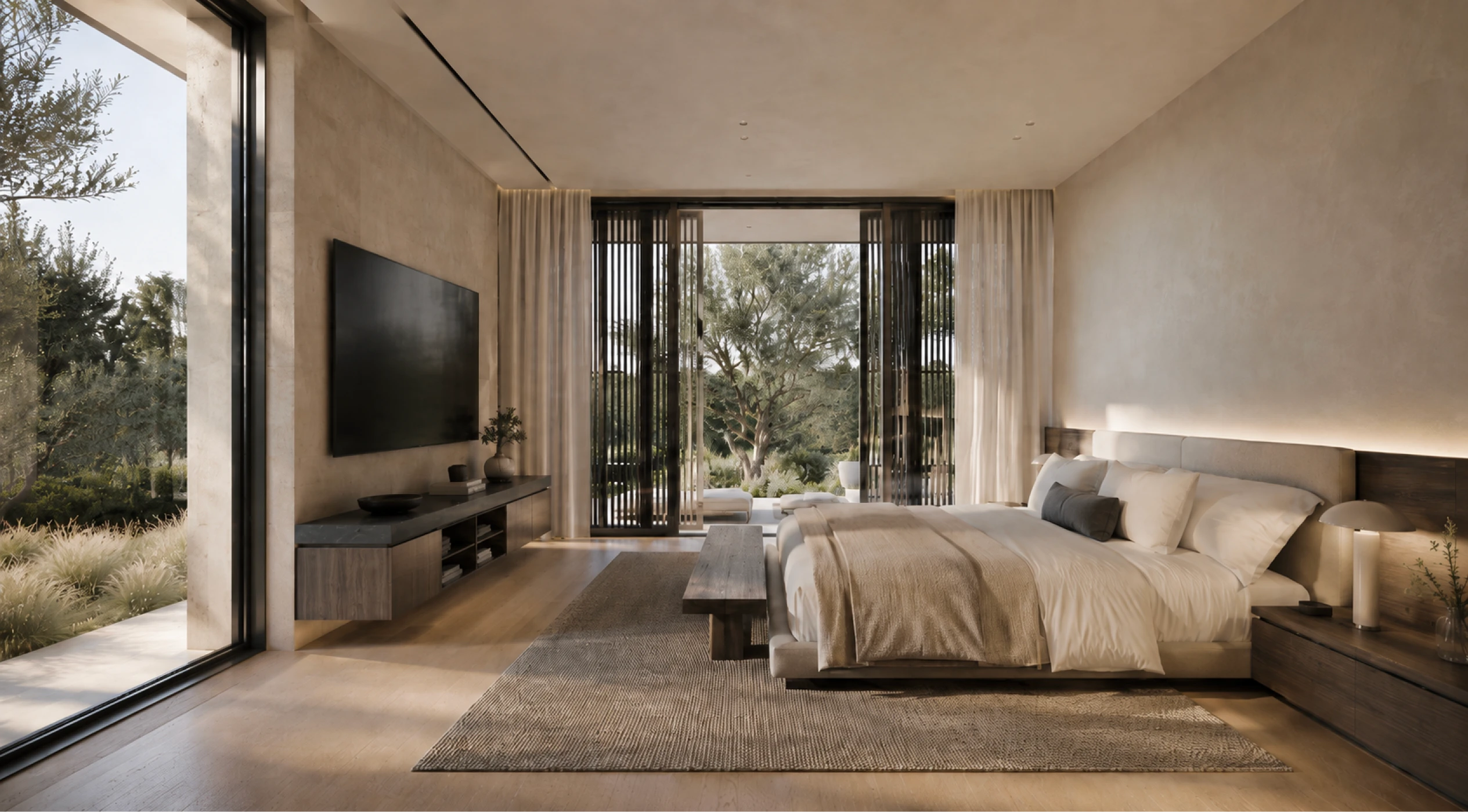 Quarto amplo e moderno, com cama de casal, televisão, grandes janelas e vista para o jardim.