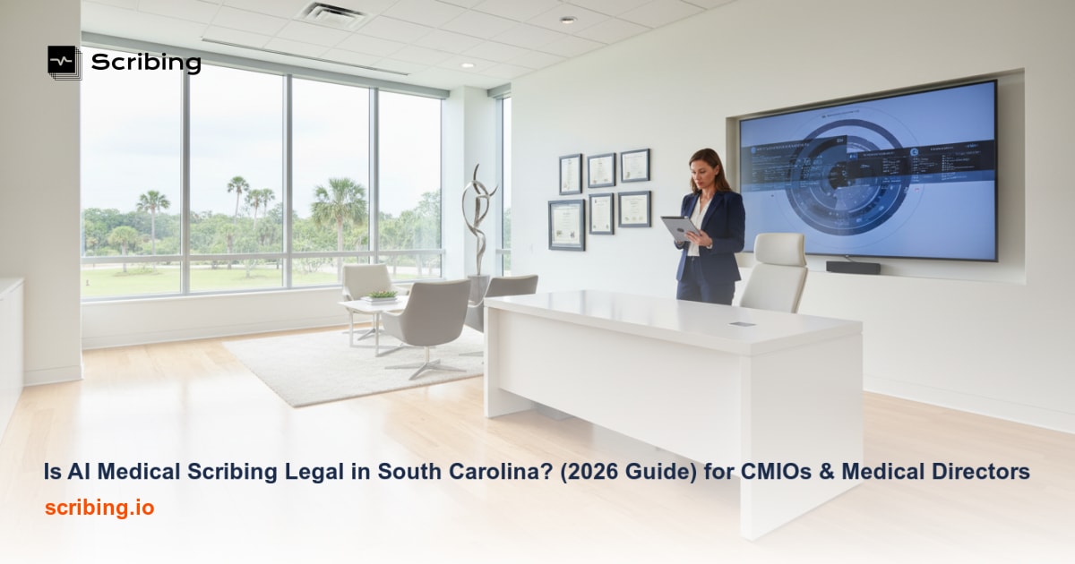 Medical office setting with laptop showing electronic health records representing AI medical scribing compliance in South Carolina