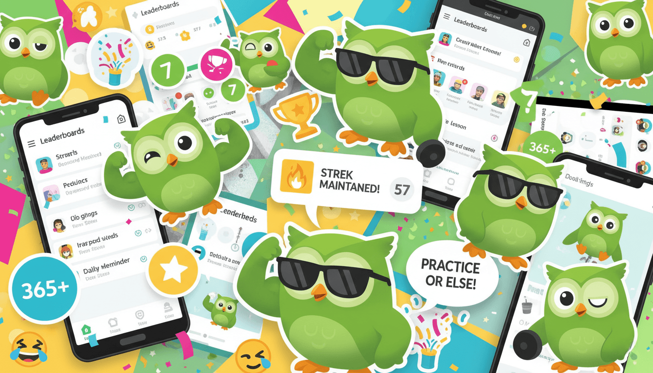 Collage featuring Duolingo’s green owl mascot in playful, chaotic contexts including social media screenshots, streak notification badges, confetti animations, and TikTok-style frames; dynamic layout represents Duolingo’s quirky, memorable brand voice and personality-driven differentiation in app UI.