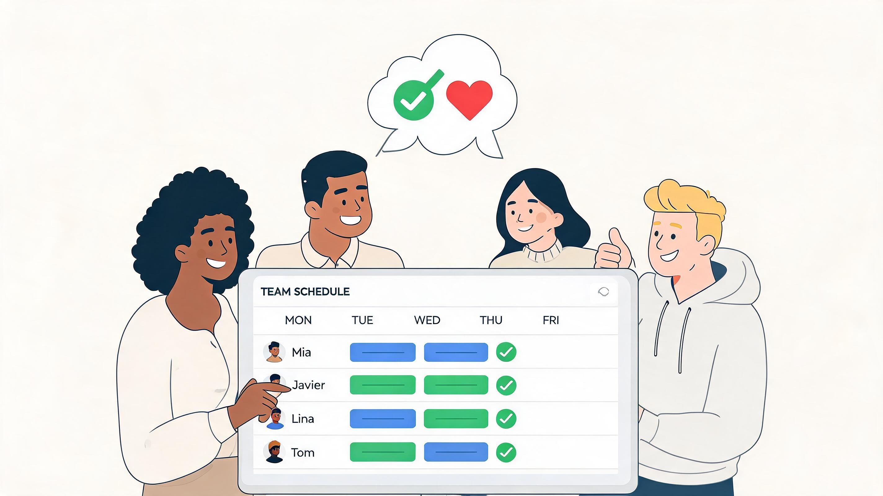 A diverse group of employees looking at a digital team schedule board with checkmarks and icons.