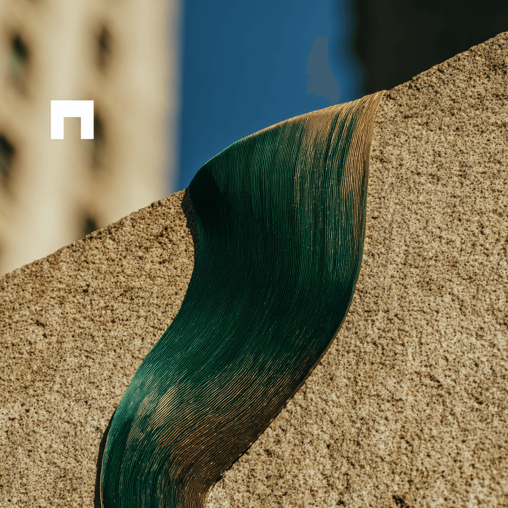 A textured concrete surface meets a flowing, dark teal and bronze digital product element under a bright blue sky.