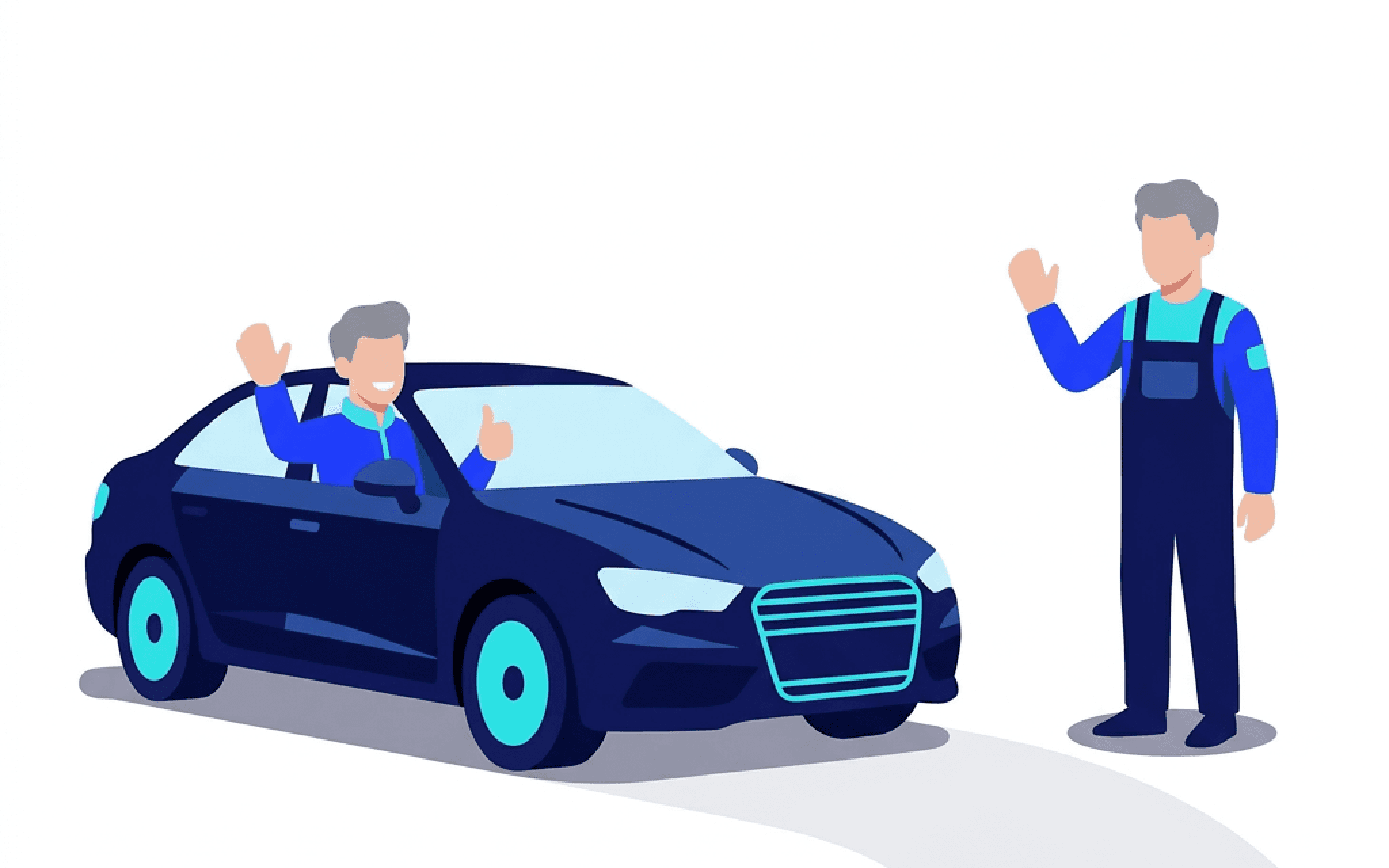 Man in car waves, mechanic waves.