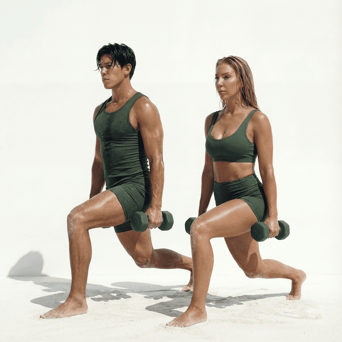 Full-body cardio and strength lunges with dumbbells at MokoBoko Studio.