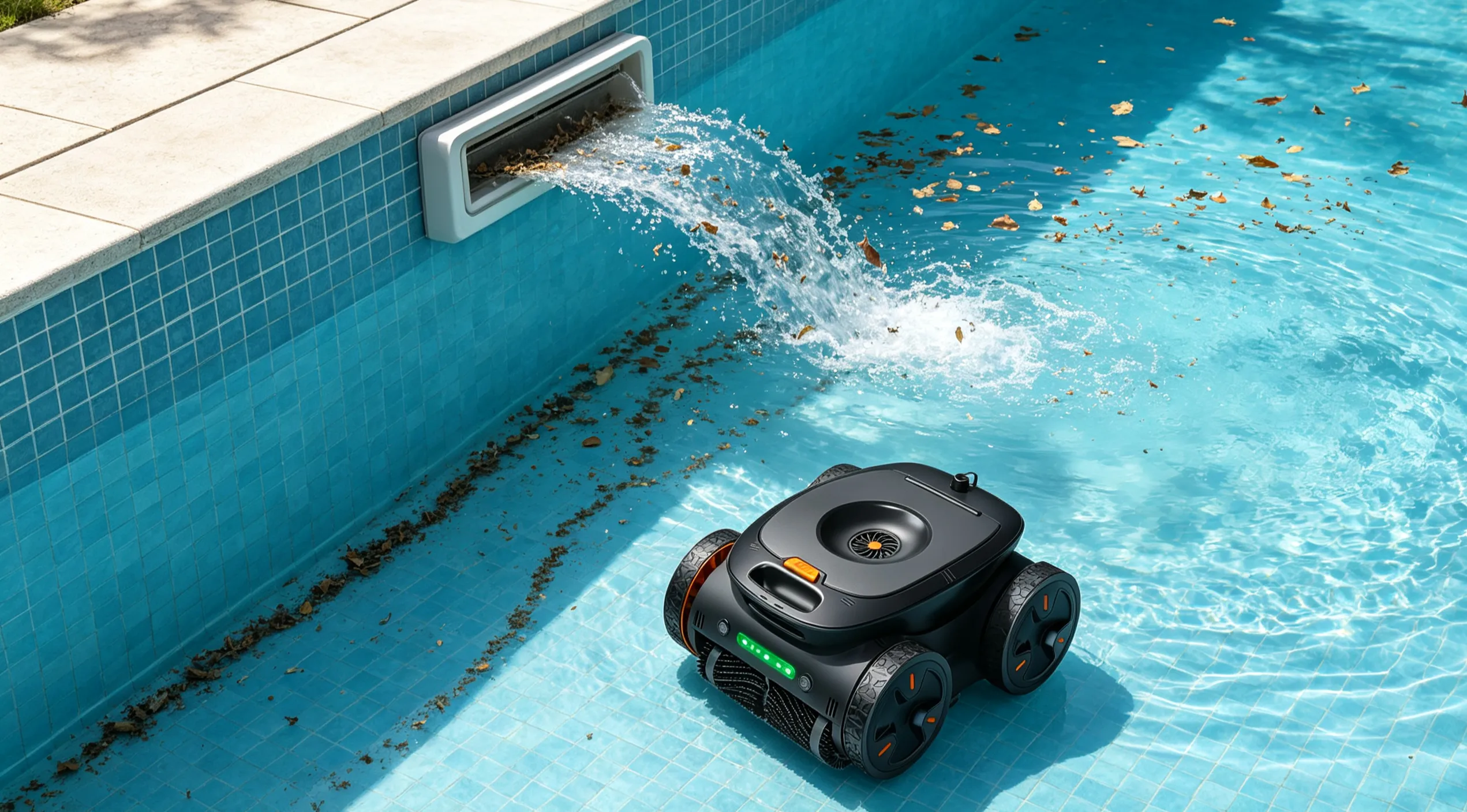 Pool skimmer and robotic pool cleaner working together for complete pool cleaning