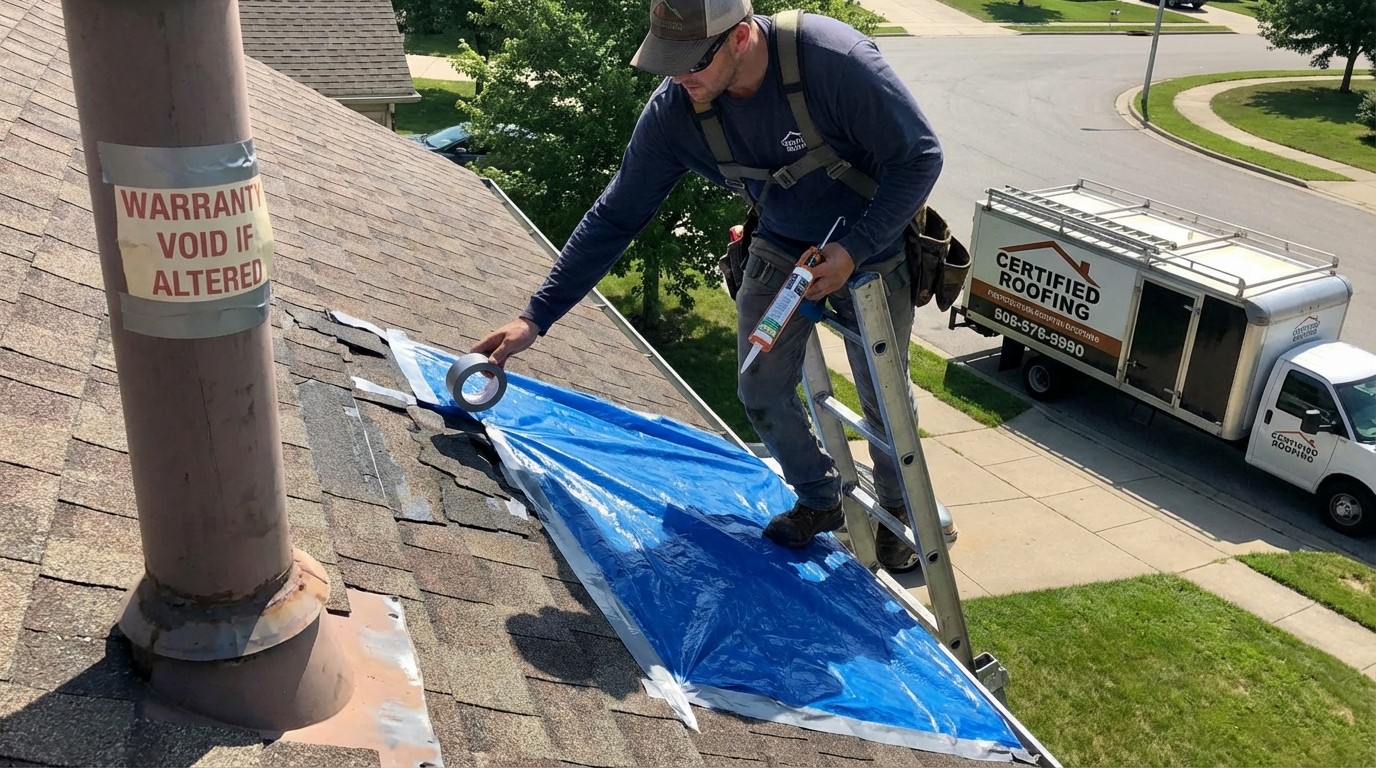 Homeowner doing DIY roof repair that voids warranty coverage