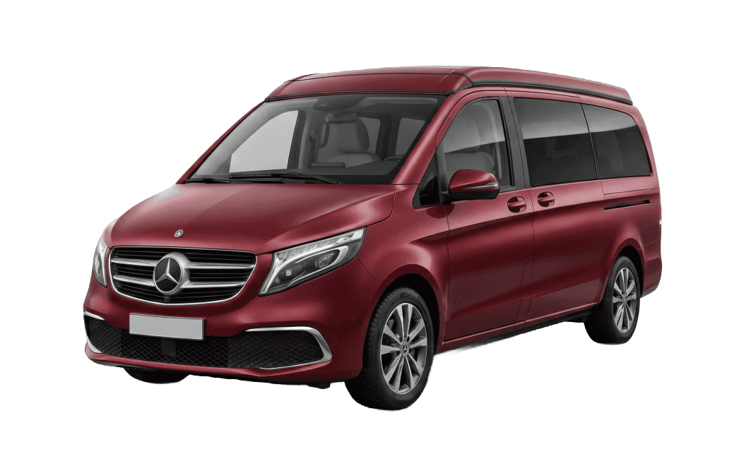 Red minivan with a sleek design, featuring large windows and a modern front grille, parked against a neutral background.