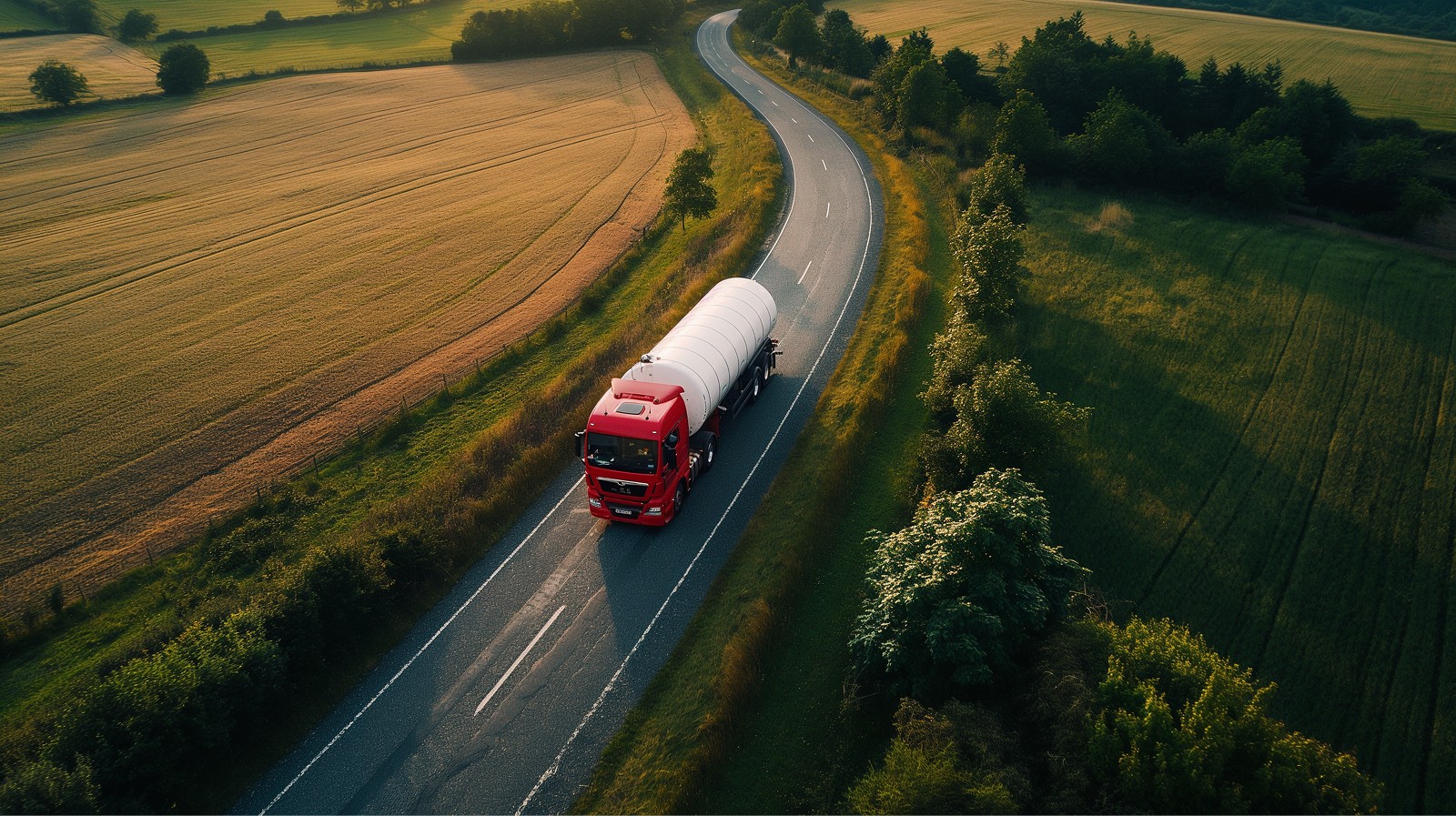 Image of a fuel distribution truck driving down a country lane 