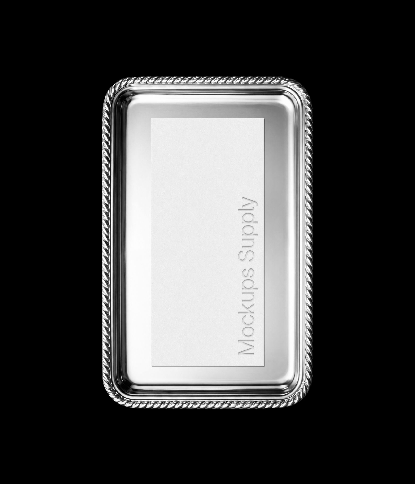 Tall menu mockup on silver plate with debossed text effect for restaurant branding and menu presentation