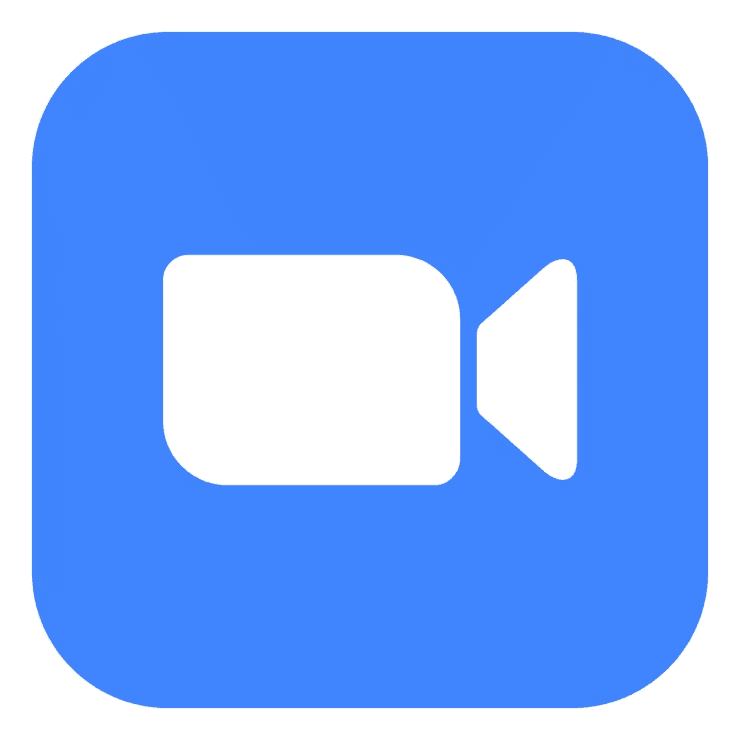 Icon of a video camera with a white camera symbol on a blue background, representing video conferencing or calling.
