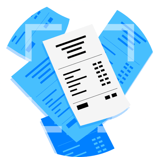 Illustratie van een document met een barcode, omringd door verspreide papieren, tegen een cirkelvormige blauwe achtergrond.