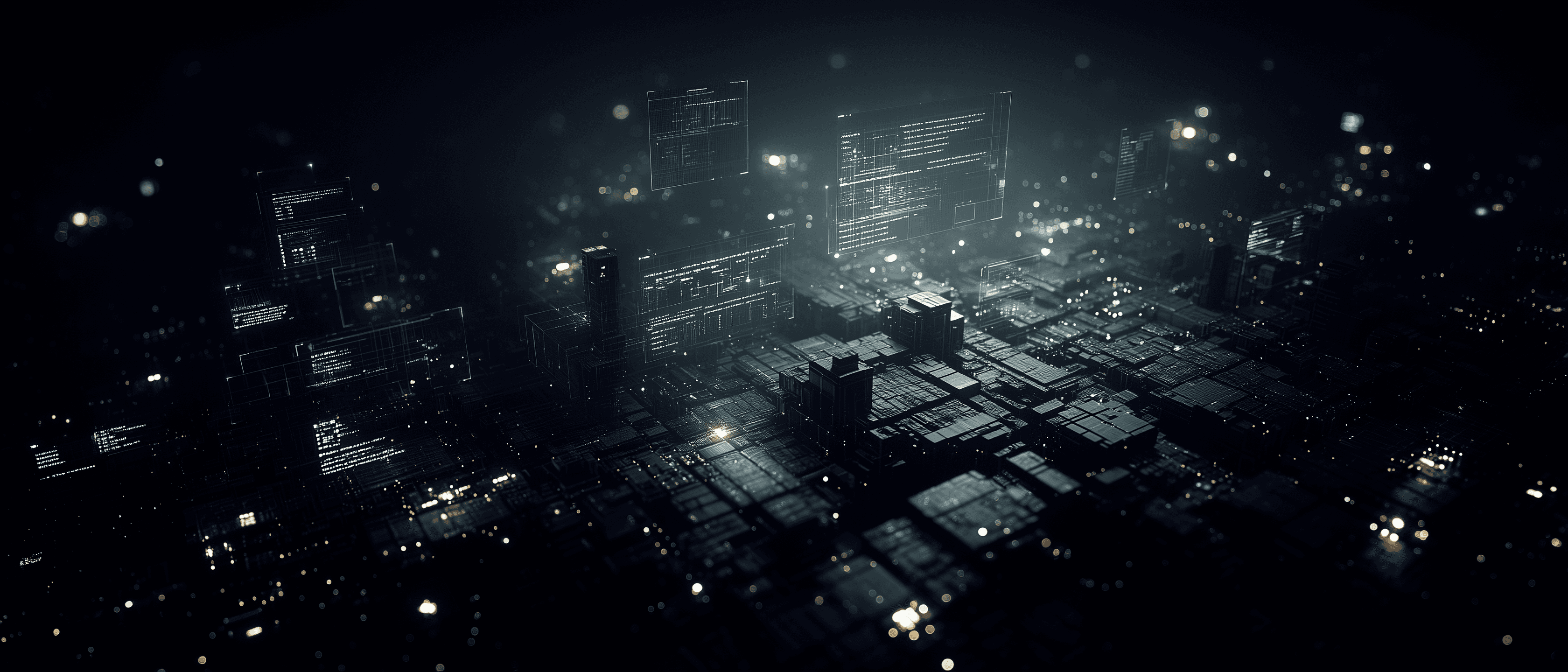 Dark, futuristic cityscape of glowing system blocks and floating data panels, representing governed telemetry and audit APIs for enterprise visibility, monitoring, and proof.