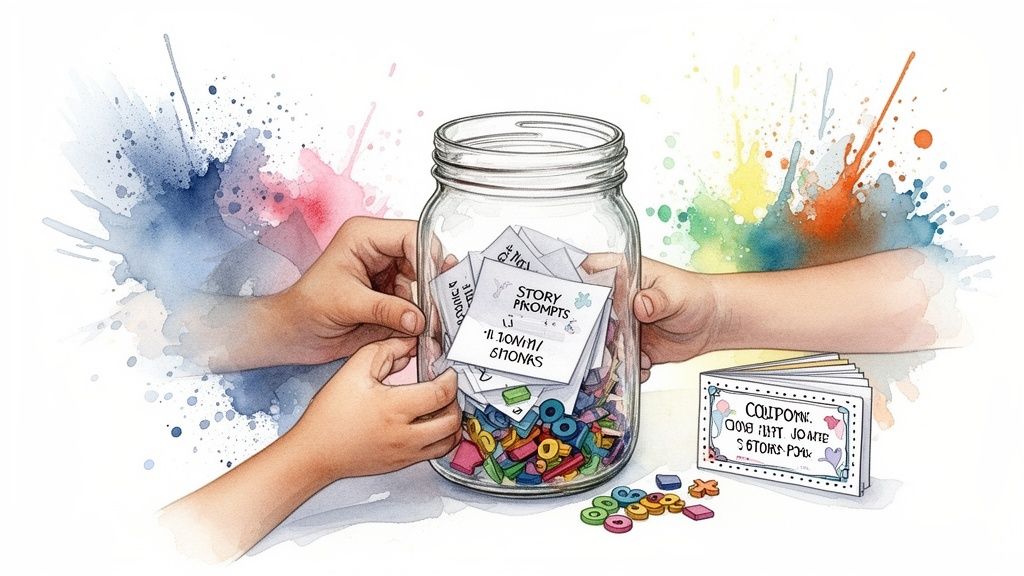 Watercolor illustration of children's hands holding a jar filled with story prompts, letters, and coupons.
